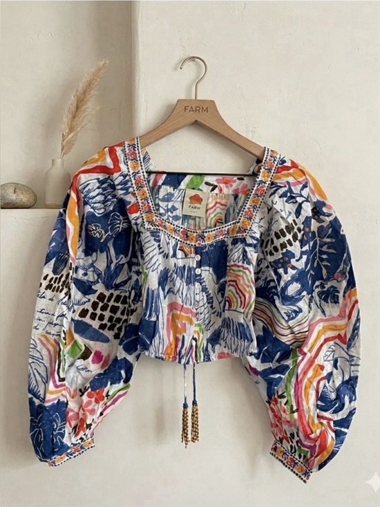 FARM Rio Tops - FARM Rio Navy Floral Drawstring Crop Top with Multicolor Accents